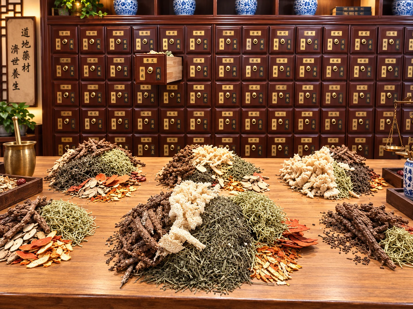 Traditional herbal ingredients prepared in front of a Chinese medicine dispensary