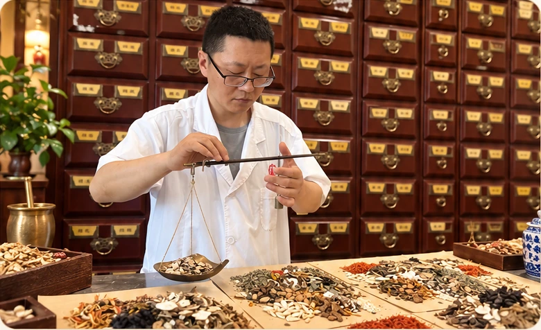 Traditional herbal practitioner weighing and preparing selected herbs