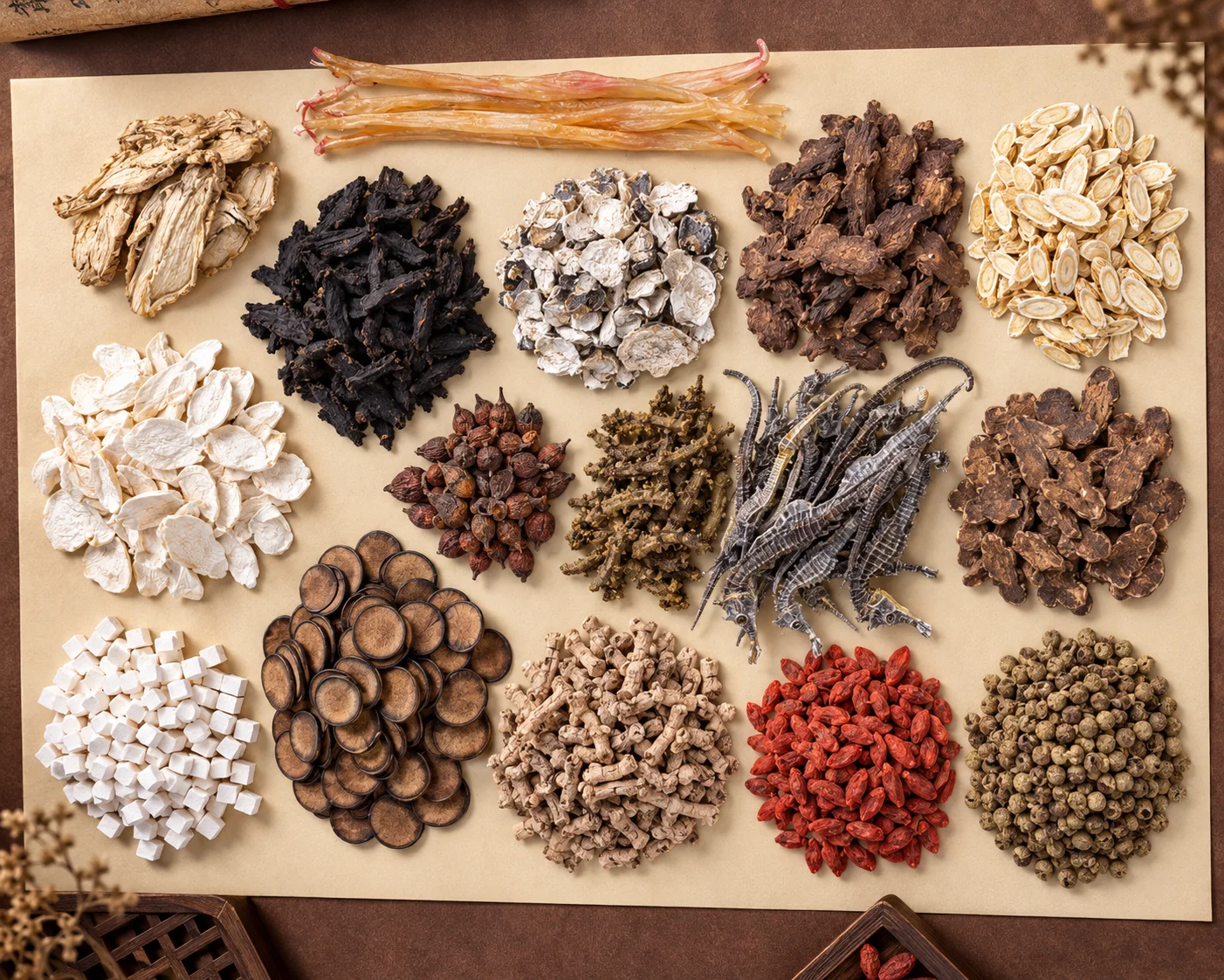 A selection of traditional herbal ingredients arranged for preparation